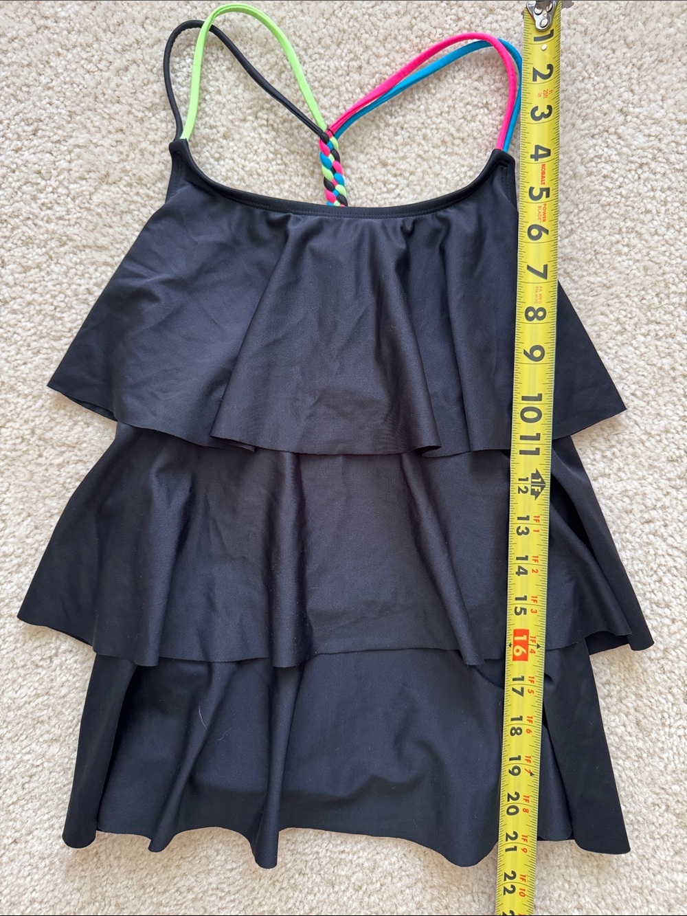 NWT Justice Black ruffle Tankini top w/ Neon Braid Straps-Pink, Blue, Green Sz18